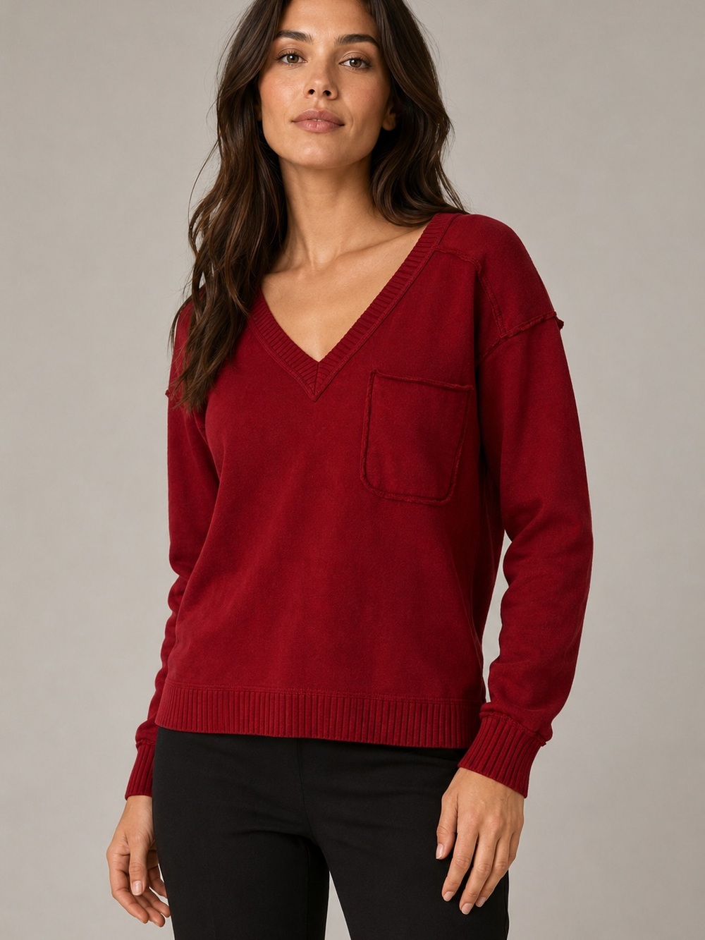 New with Tag! Anthropologie Pilcro V-Neck Pocket Terry Lined Red Sweatshirt sz S